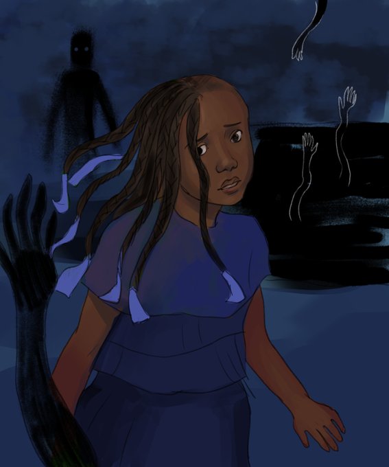 Digital painting of Iridescia (a young black girl with braided hair in a sheer blue dress), looking frightened as she is menaced by shadowy figures.